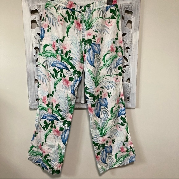 NEW Tommy Bahama White Colorful Tropical Floral Linen Wide Leg Pants - Picture 2 of 7